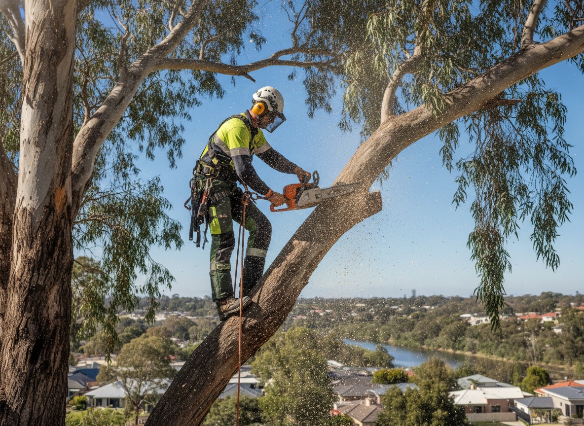 Perth Arbor Services arborist roped high in a eucalyptus, removing limbs against a clear Perth sky